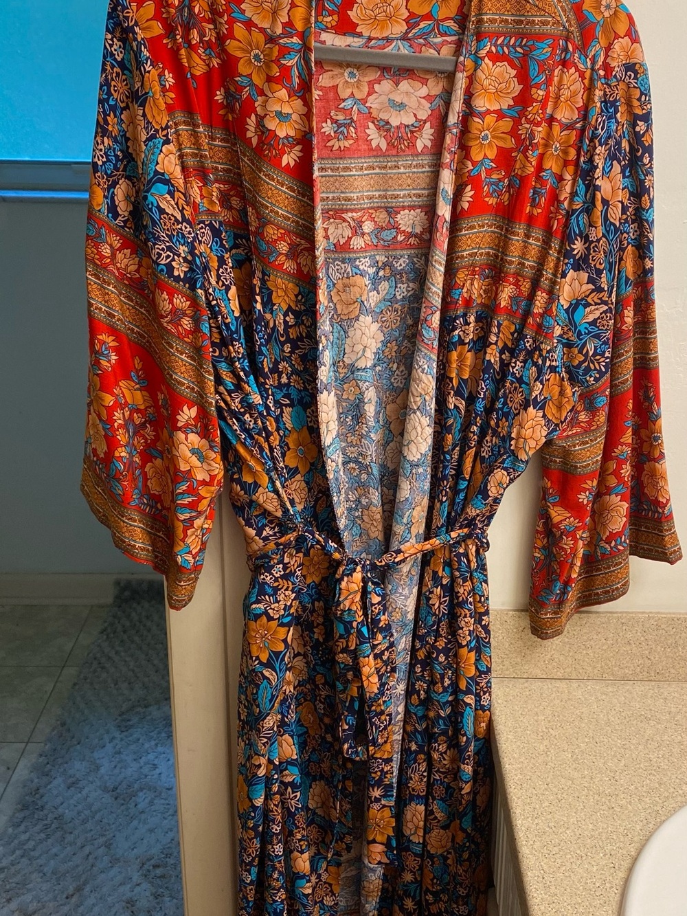NATURAL LIFE Floral rayon Kimono dress- Navy, Red & Gold